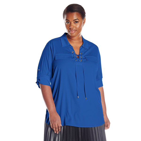 Calvin Klein Women's Lace Up Top with Collar
