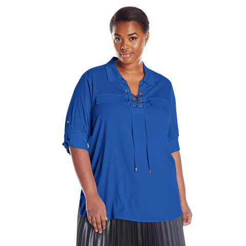 Calvin Klein Women's Lace Up Top with Collar