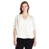 Calvin Klein Women's Plus Size V Neck Draped Roll Sleeve Top Blouse