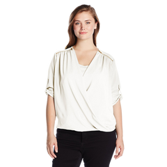 Calvin Klein Women's Plus Size V Neck Draped Roll Sleeve Top Blouse