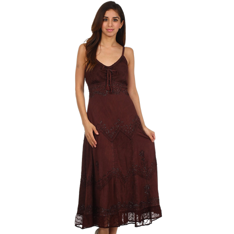 Sakkas Stonewashed Rayon Embroidered Adjustable Spaghetti Straps Long Dress